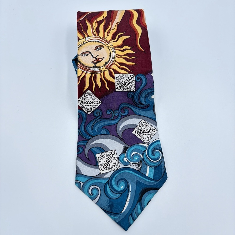 Tabasco Men's Hot Sauce Multicolor Abstract Tie 100% Silk Suns And Moons Waves